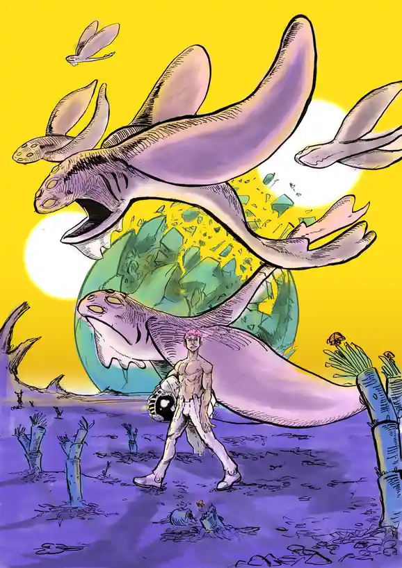 A shirtless man with pink hair walks through a purple alien landscape holding a helmet, with giant, purple, multi-limbed…
