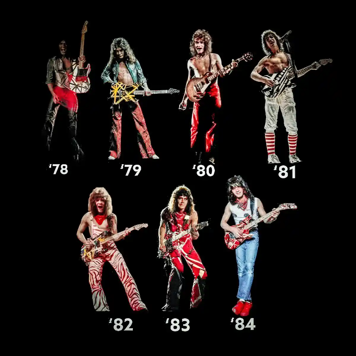 Seven images of the rock band Queen, each showing a different member in flamboyant stage outfits holding guitars, arranged…