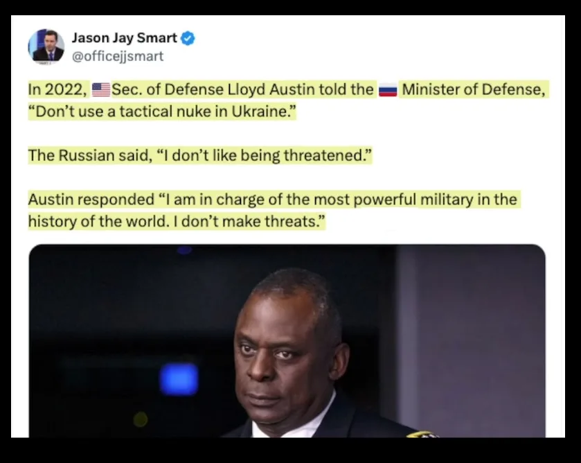 A screenshot of a tweet by Jason Jay Smart showing a fabricated conversation between U.S. Secretary of Defense Lloyd Austin…