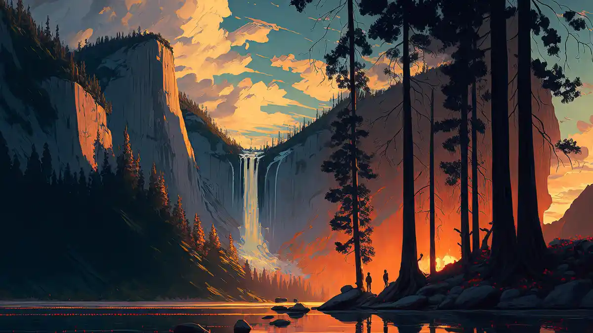 A serene, painterly landscape depicts a vast canyon at sunset, with towering cliffs, a distant waterfall, and a calm lake…
