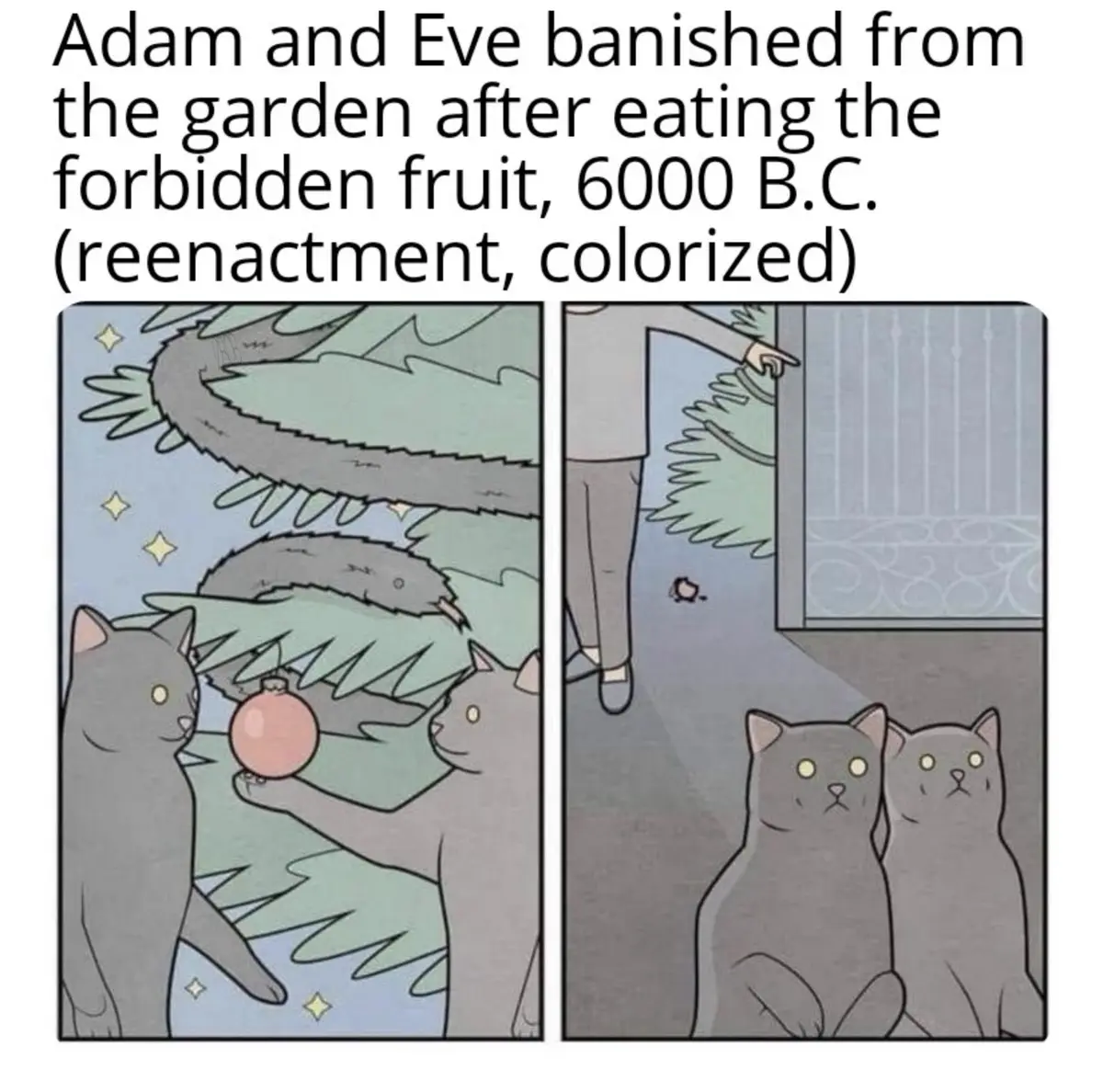 Two grey cats are depicted in a two-panel comic. In the first panel, they are shown reaching for a pink ornament hanging…