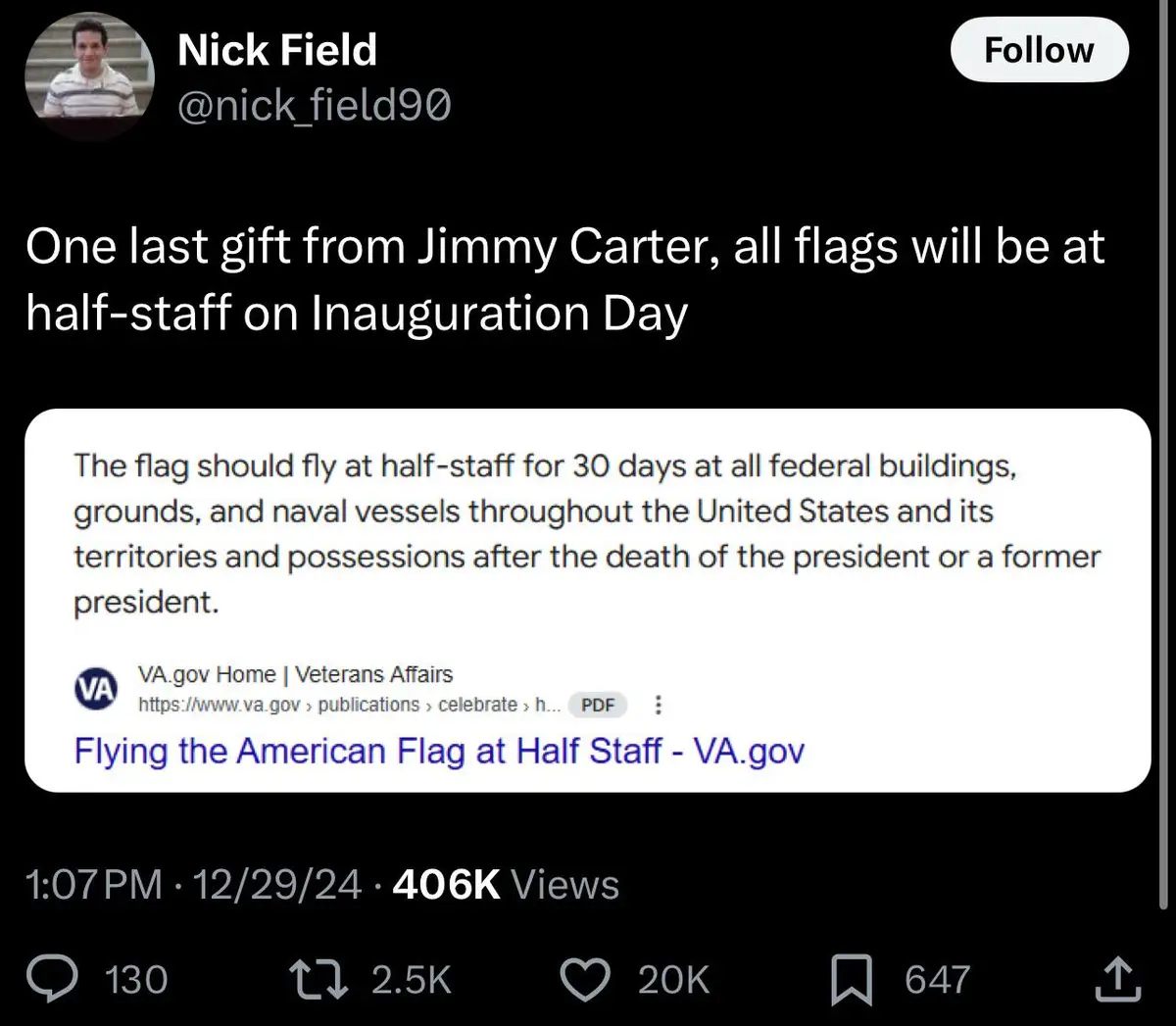 A screenshot of a tweet by Nick Field (@nick_field90) that reads 'One last gift from Jimmy Carter, all flags will be at…