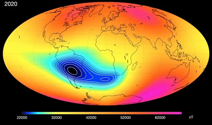 A global map from 2020 shows Earth's magnetic field with a color gradient from blue (low intensity) to red (high intensity)…