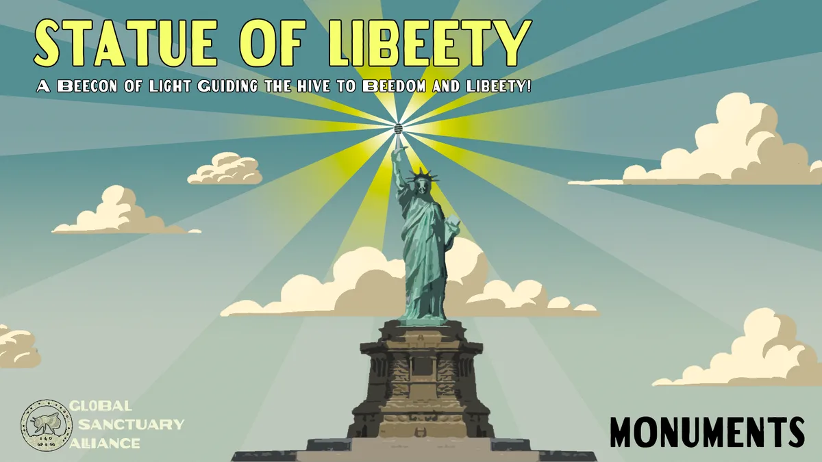 An illustrated image of the Statue of Liberty with a stylized sky and clouds, overlaid with text that humorously…