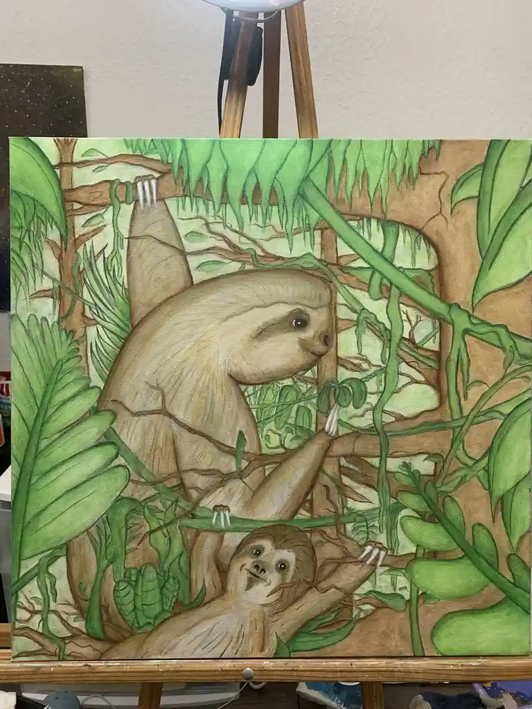 A painting of two sloths hanging from tree branches in a lush jungle setting, with the larger sloth above and a smaller one…