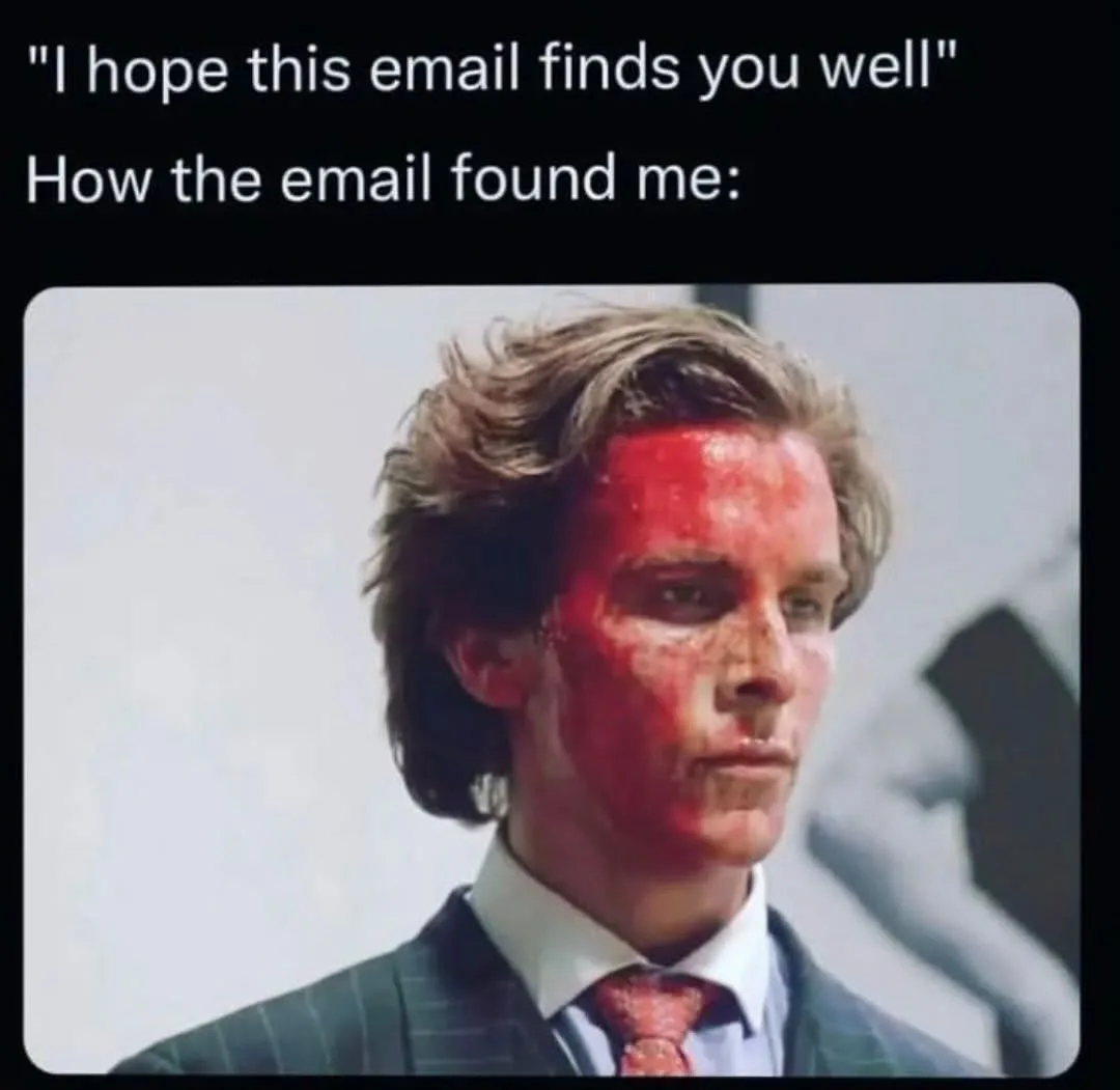 A man in a suit and tie has his left side of his face covered in red paint or blood, looking shocked or dismayed. The text…