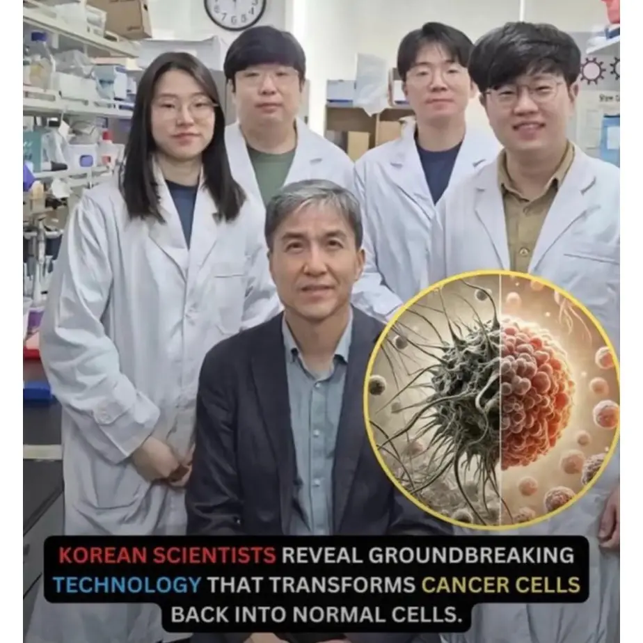 A group of five East Asian scientists in lab coats pose in a laboratory setting. A circular graphic overlay shows a cancer…