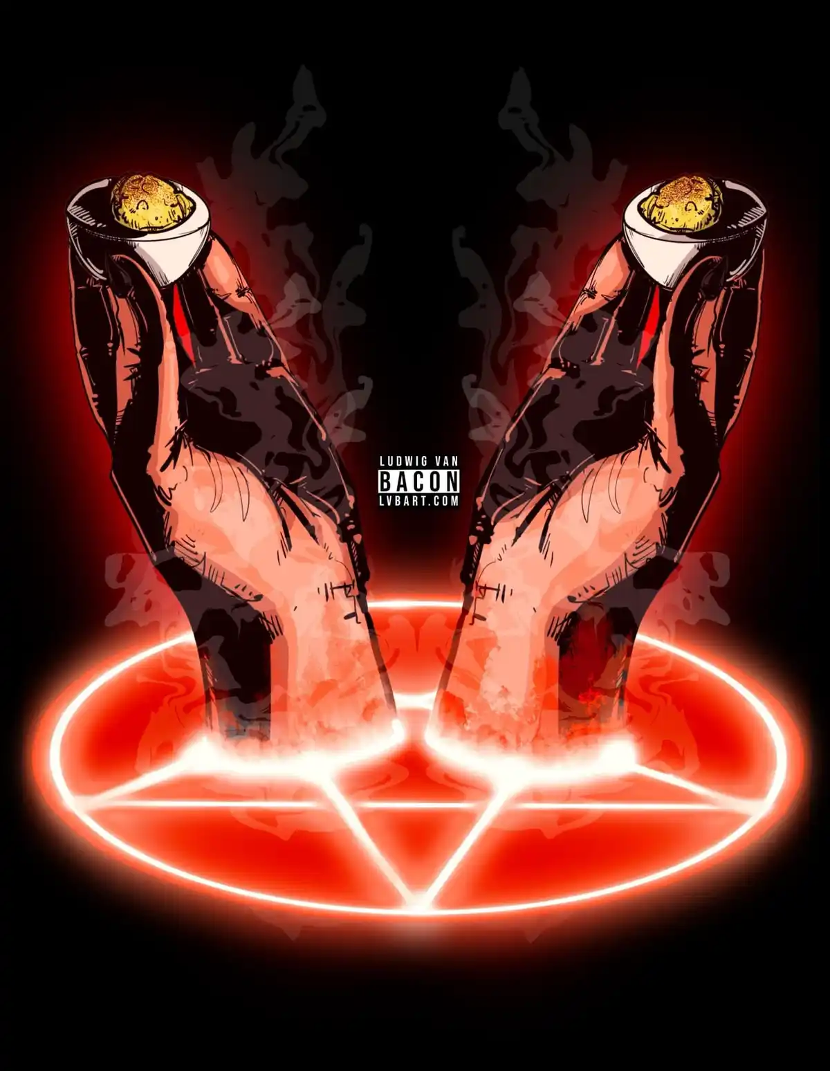 Two illustrated hands with bacon strips on their fingertips stand on a glowing red pentagram against a dark background. The…