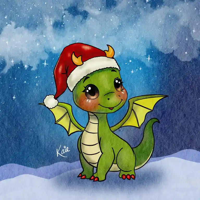 A cute, cartoon-style green dragon with yellow wings and small horns sits in a snowy landscape under a starry blue sky…