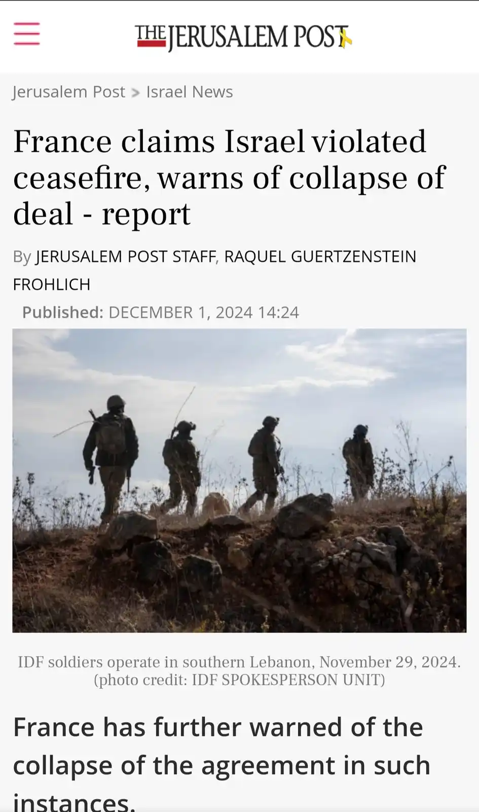 A screenshot of a Jerusalem Post news article with a headline about France warning of a ceasefire collapse, overlaid with a…