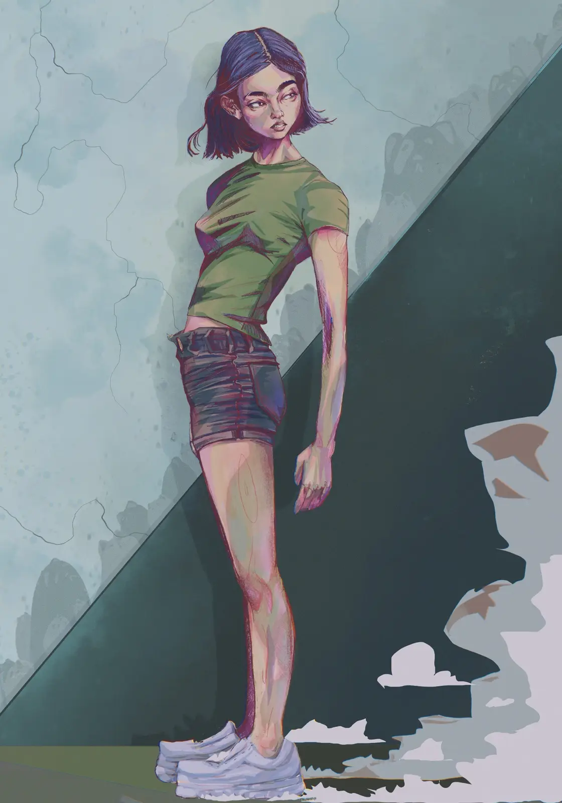 An illustration of a young woman with short dark hair, wearing a green t-shirt and denim shorts, standing with one foot on a…