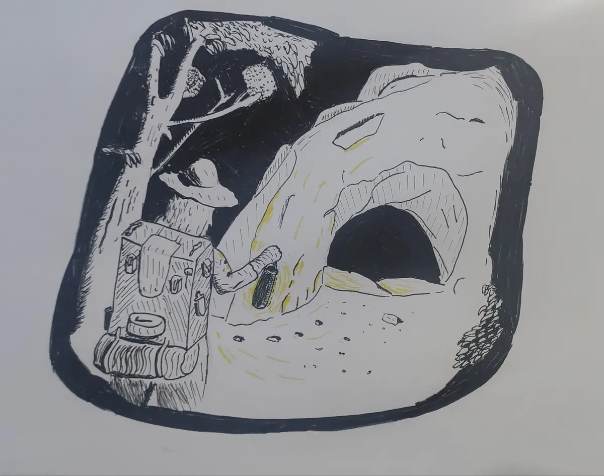 A black-and-white ink drawing shows a person in a wide-brimmed hat and backpack standing on the moon's surface, shining a…