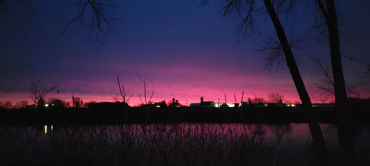 A serene twilight scene shows a vibrant pink and purple sky over a calm body of water, with silhouettes of bare trees and…