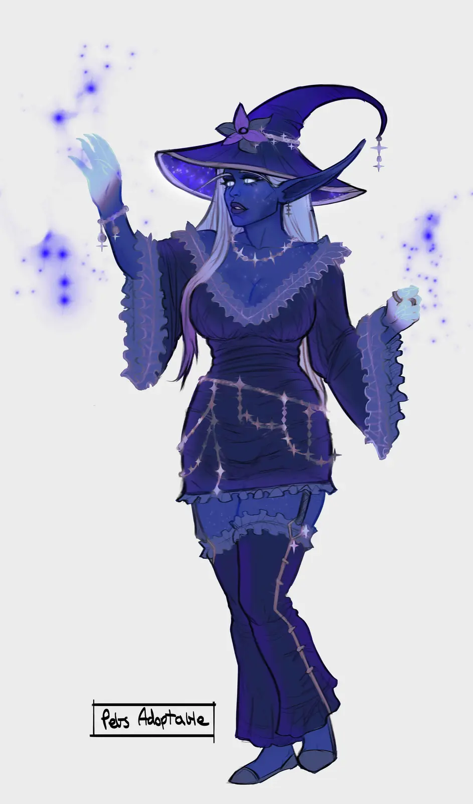 A blue-skinned, white-haired elf-like woman in a purple witch's outfit with star patterns and ruffles, wearing a tall…