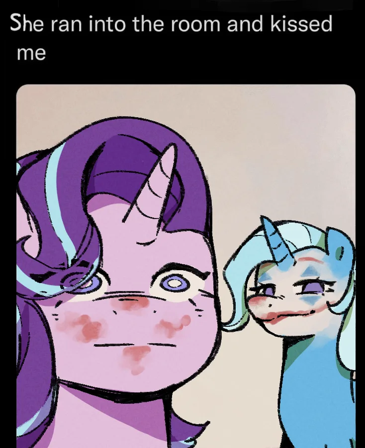 Two cartoon unicorns are shown; the larger purple one has a shocked, blushing expression with wide eyes, while the smaller…