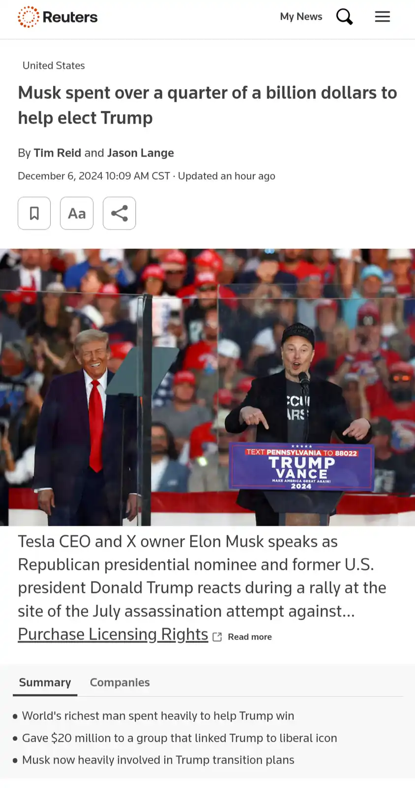 A screenshot of a Reuters news article with a headline stating 'Musk spent over a quarter of a billion dollars to help elect…