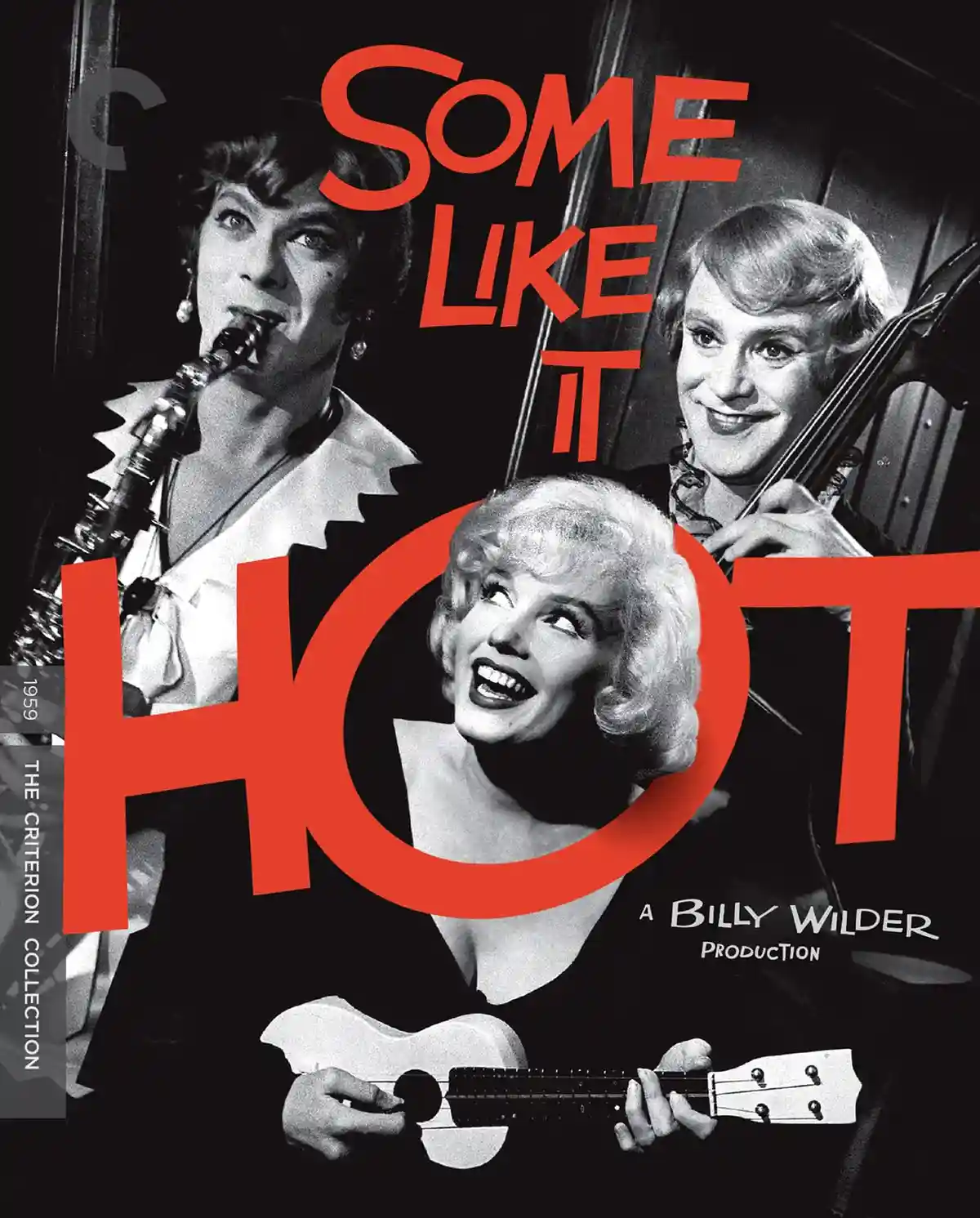 A black-and-white movie poster for 'Some Like It Hot' (1959) featuring Marilyn Monroe holding a ukulele, with two other…