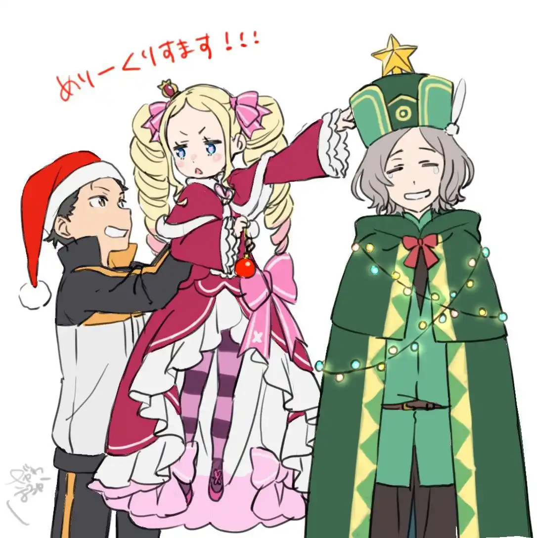 Three anime characters dressed in Christmas-themed outfits: a boy in a Santa hat, a girl in a frilly red and pink dress…