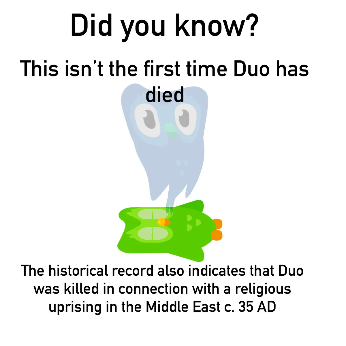 A cartoon image shows a light blue ghost-like owl hovering over a green, frog-like creature lying on its back. The text…