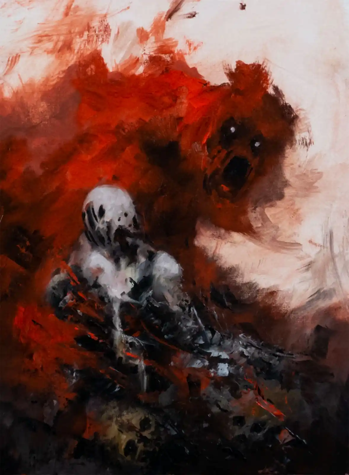 A dark, painterly image shows a small, white, masked figure crouching in the foreground, facing a large, menacing bear…