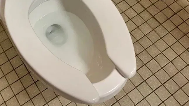 A close-up photo of a white toilet with the lid down, sitting on beige tiled flooring. Overlaid text reads 'i'm not lazy…