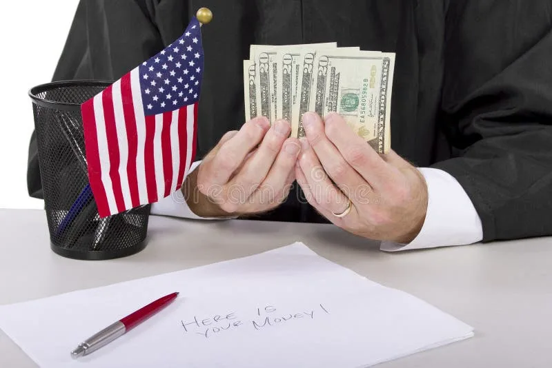 A person in a black judicial robe sits at a desk, holding a fan of twenty-dollar bills. To their left, a small American flag…
