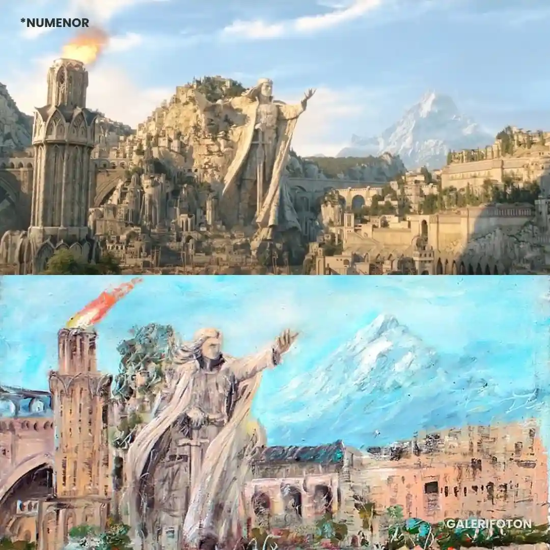 The image is split into two panels. The top panel shows a detailed, realistic depiction of the fictional city of Numenor…