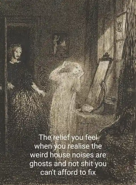 A vintage etching depicts a woman in a dark room, startled as another woman peeks from a doorway. The central figure…