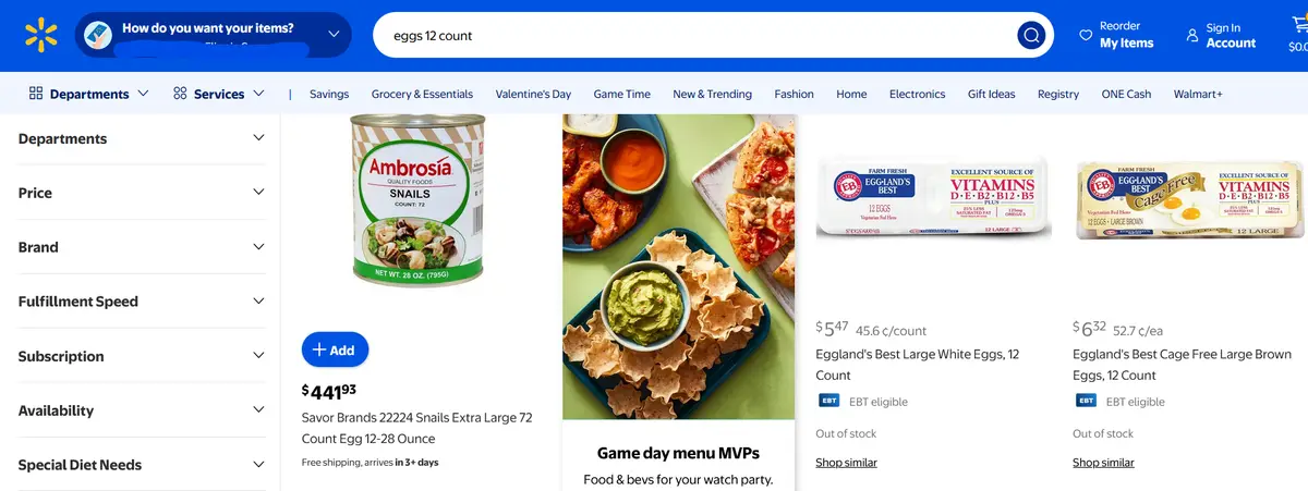 A Walmart.com search results page for 'eggs 12 count' shows a can of Ambrosia Snails labeled as '72 Count Egg' priced at…
