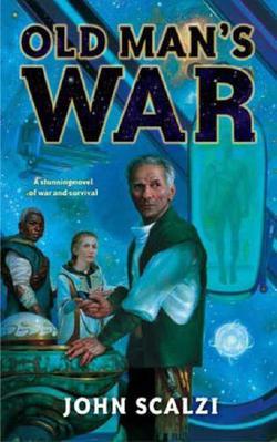 The image is the cover of the book 'Old Man's War' by John Scalzi. It features a stern-looking older man in a green jacket…