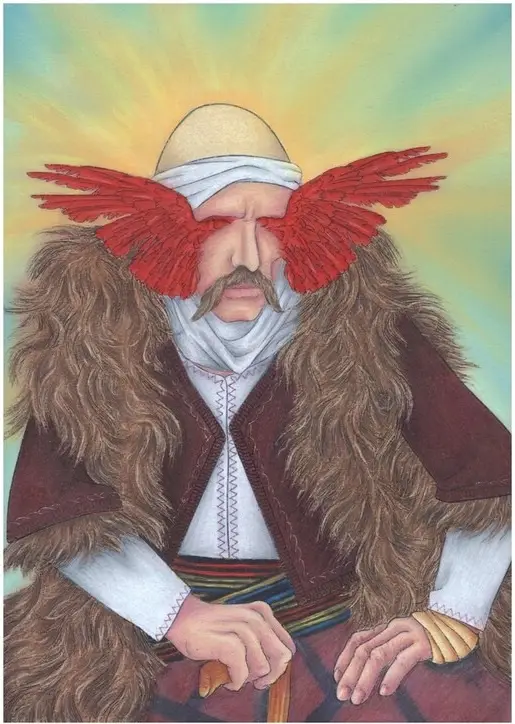 A man in traditional folk attire with a fur-lined coat, white headscarf, and a bald head is depicted with large red…