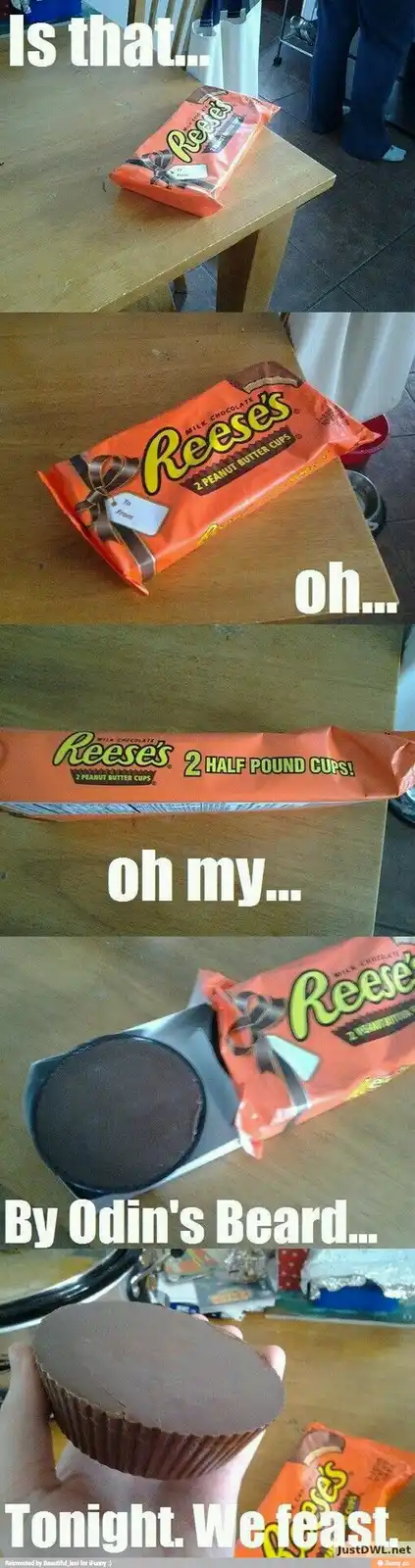 A vertical comic strip shows a person discovering a giant Reese's peanut butter cup package, progressively revealing its…