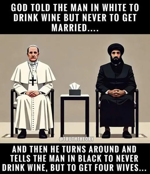 Two men sit opposite each other in chairs, one dressed in white clerical robes with a cross, the other in black clerical…
