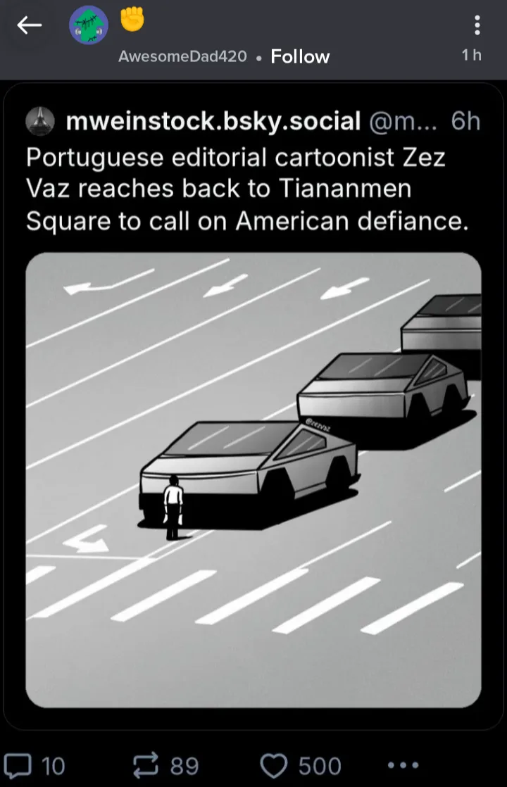 A black-and-white cartoon depicts a lone person standing in the middle of a multi-lane road, facing a line of identical…