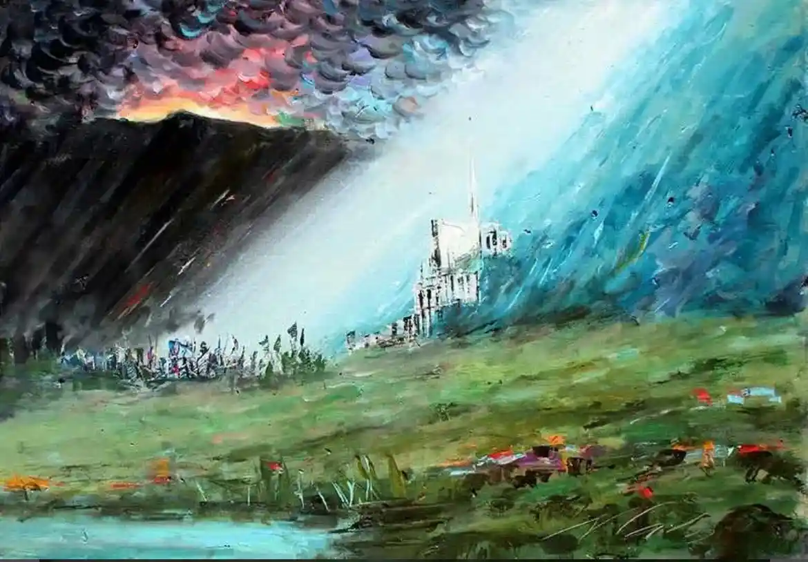 A dramatic, painterly image depicts a large cathedral, resembling Notre-Dame, standing amidst a chaotic scene with dark…