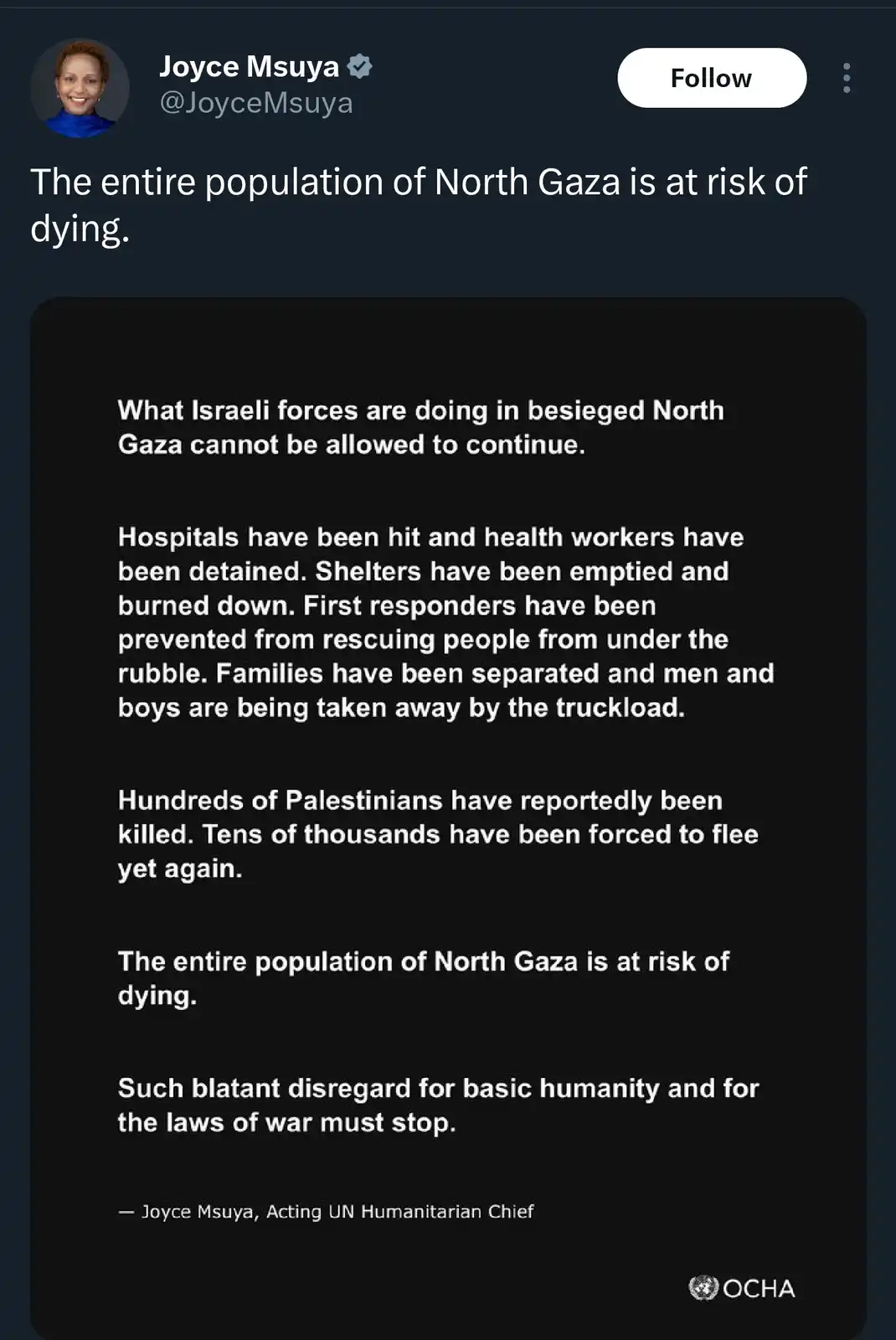 A screenshot of a tweet by Joyce Msuya, Acting UN Humanitarian Chief, showing a black background with white text detailing…