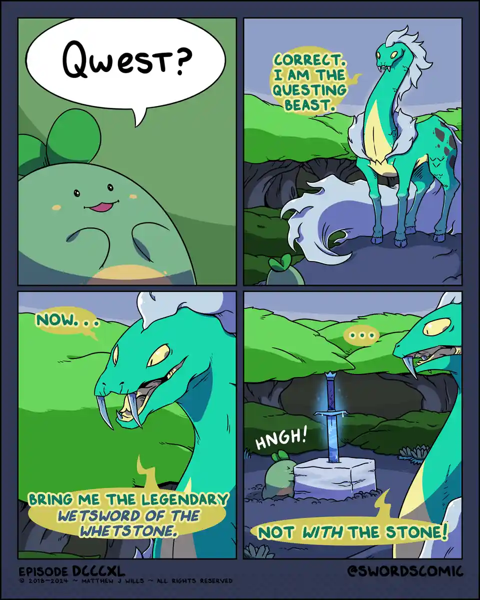A four-panel comic shows a small green creature asking 'Qwest?' to a dragon-like beast. The beast confirms it's the…