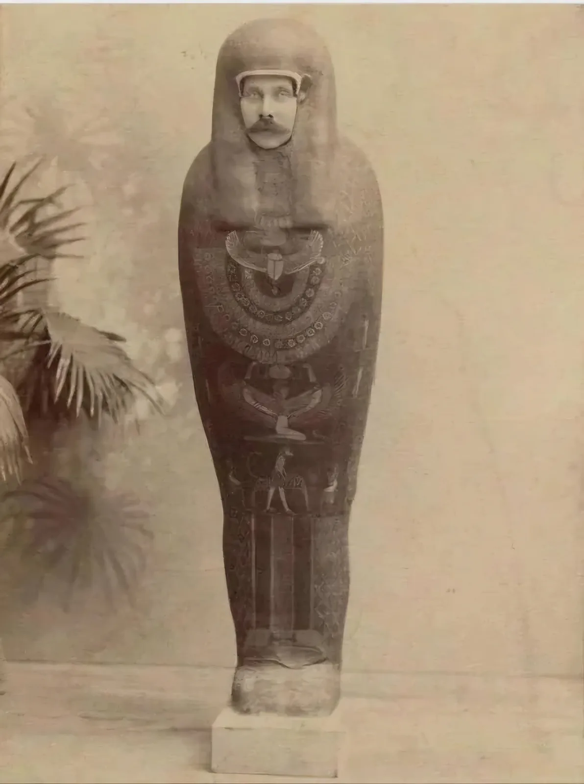A sepia-toned vintage photograph shows a man with a mustache and a helmet-like head covering, whose face is superimposed…