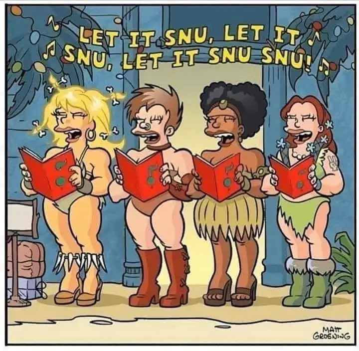 Four cartoon cavemen, dressed in primitive clothing and holding red songbooks, stand in a line singing with exaggerated…