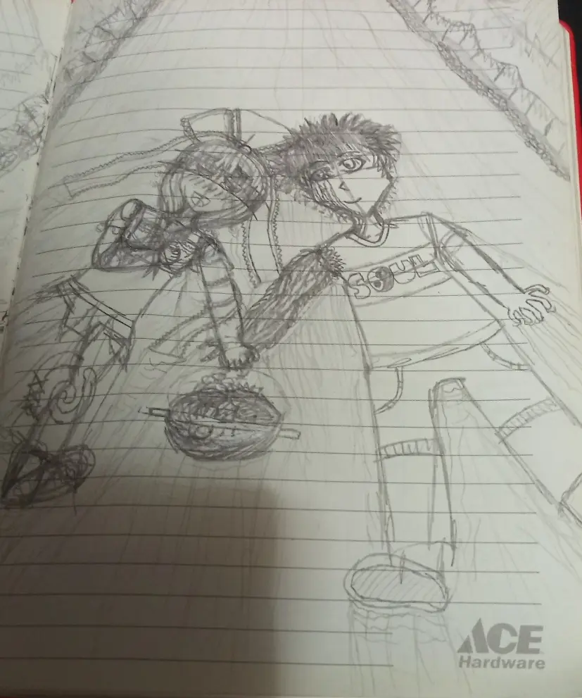 A hand-drawn pencil sketch on lined notebook paper shows two anime-style characters, one with spiky hair wearing a shirt…