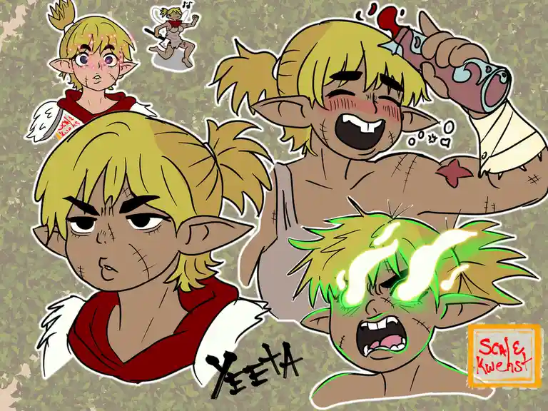 A collage of four cartoon elf-like characters with blonde hair and white wings, showing various exaggerated expressions: one…