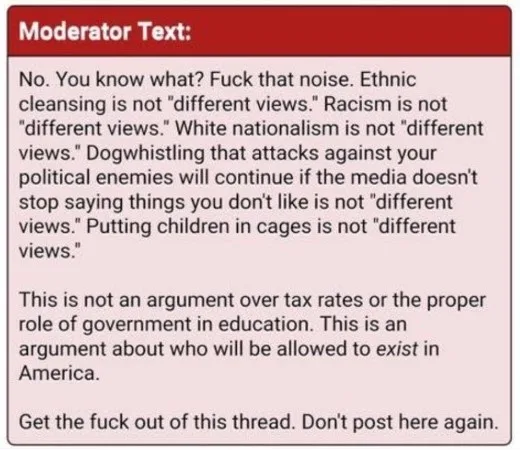 A red-bordered text box with a white background displays a moderator's message in black text. The message is a stern warning…