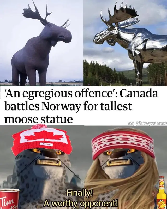 The image displays two large moose statues side-by-side: one dark grey statue in a flat landscape and one shiny chrome…