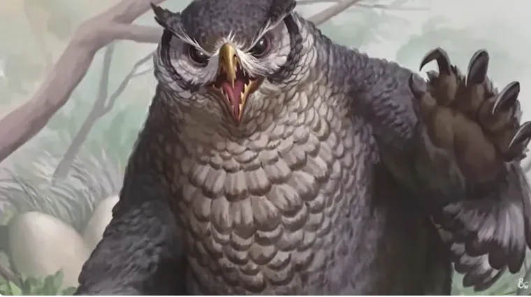A digitally rendered, anthropomorphic owl with a scowling expression, bared teeth, and raised clawed hand, standing in front…