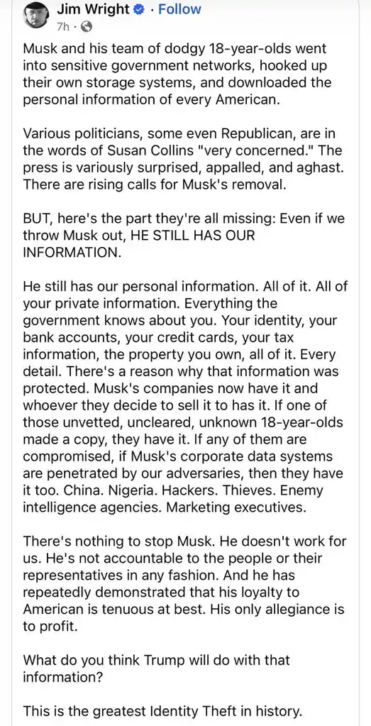 A screenshot of a social media post by Jim Wright detailing a fictional scenario where Elon Musk allegedly stole all…