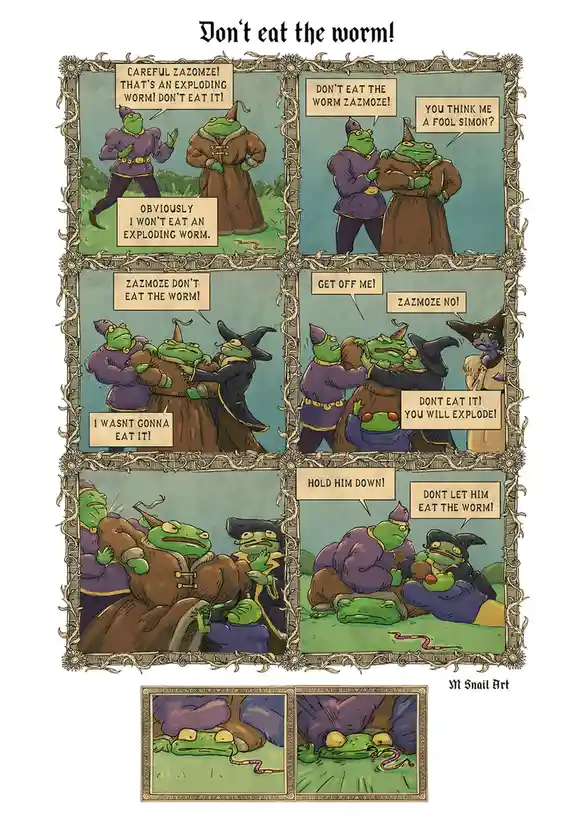A six-panel comic strip featuring green frog-like characters in medieval-style clothing. One character, Zazmoze, is…
