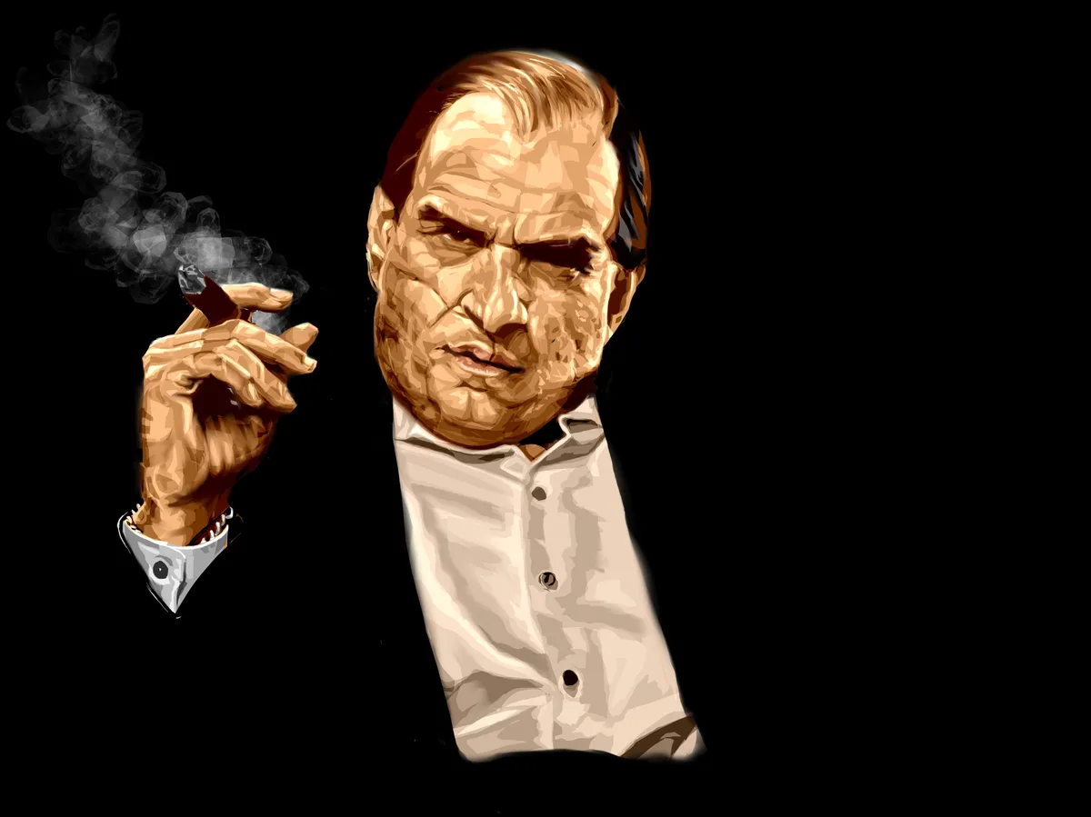 A stylized, low-poly digital illustration shows a man with a stern, intense expression, wearing a white collared shirt and…