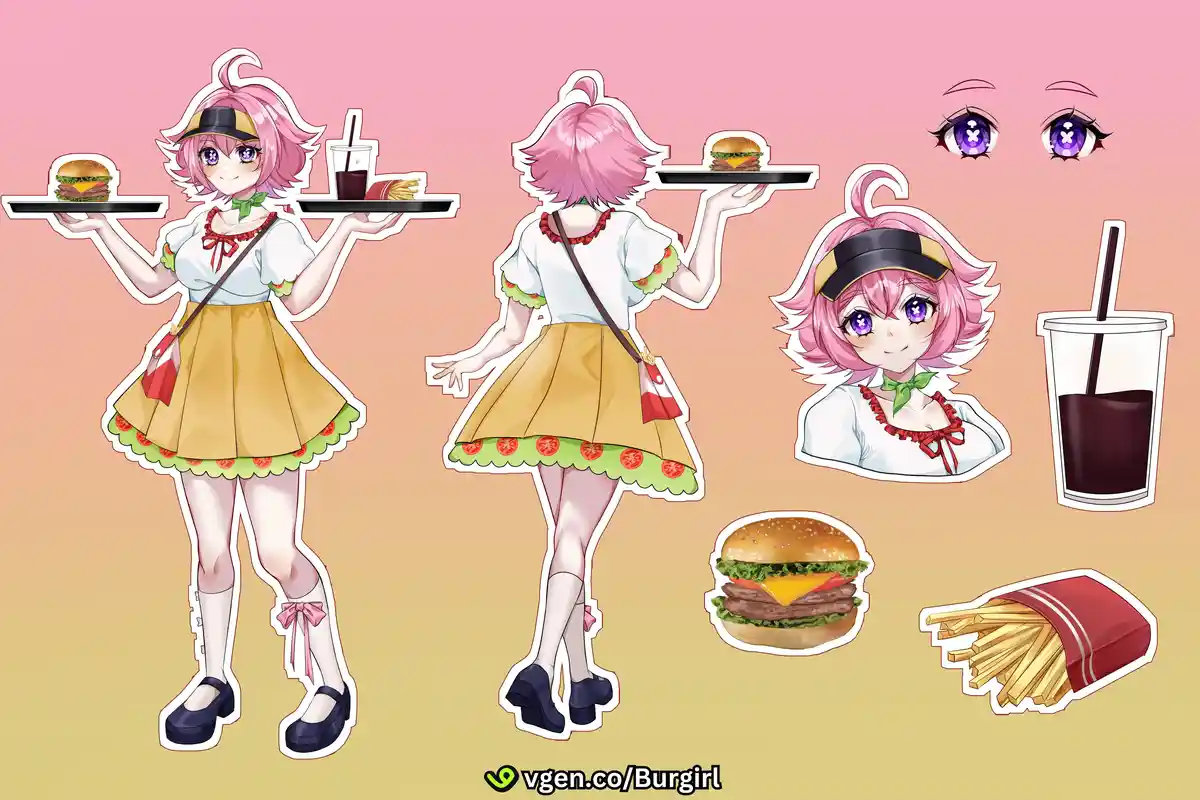 A character sheet for an anime-style girl with pink hair and purple eyes, shown in full body, back, and bust views, wearing…