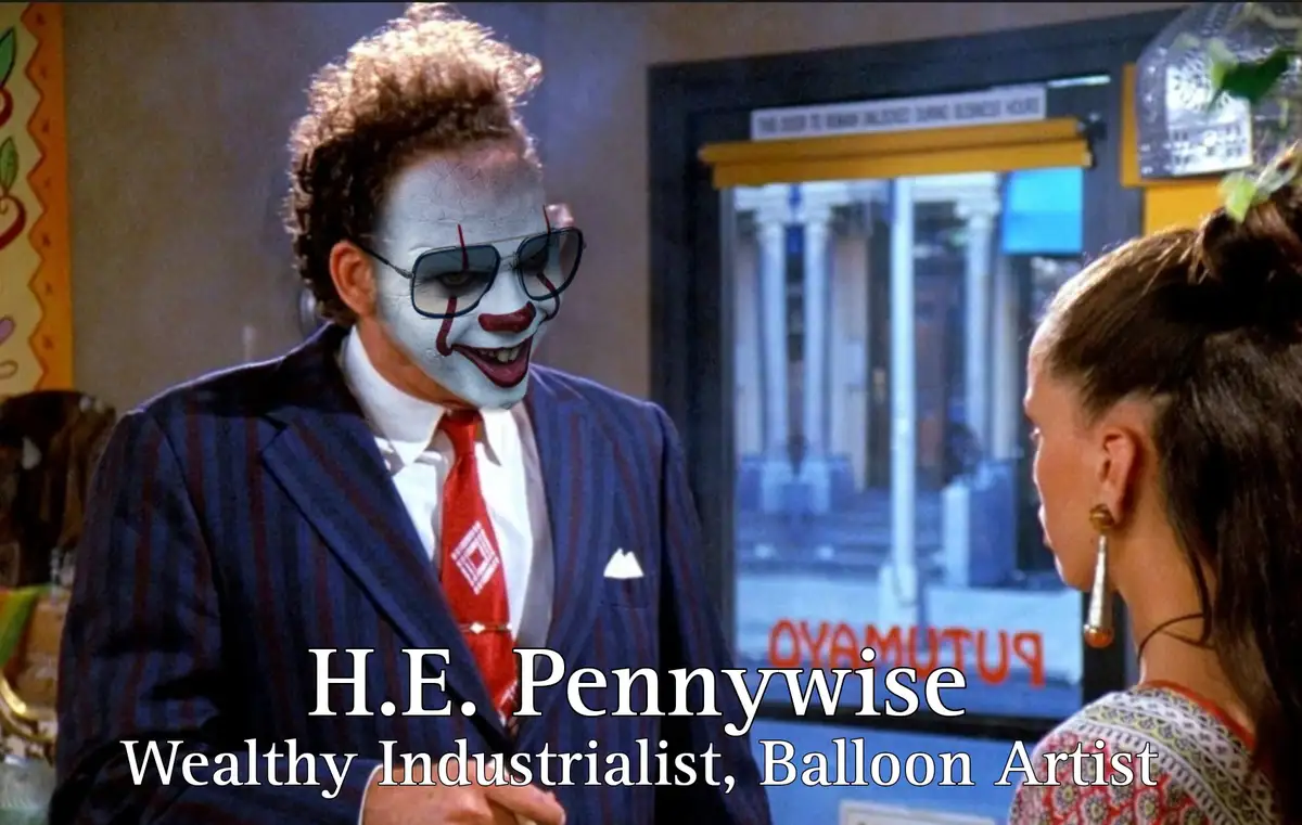 A man in a pinstripe suit and red tie with clown makeup and sunglasses is shown in a scene from the movie 'It'. He is facing…