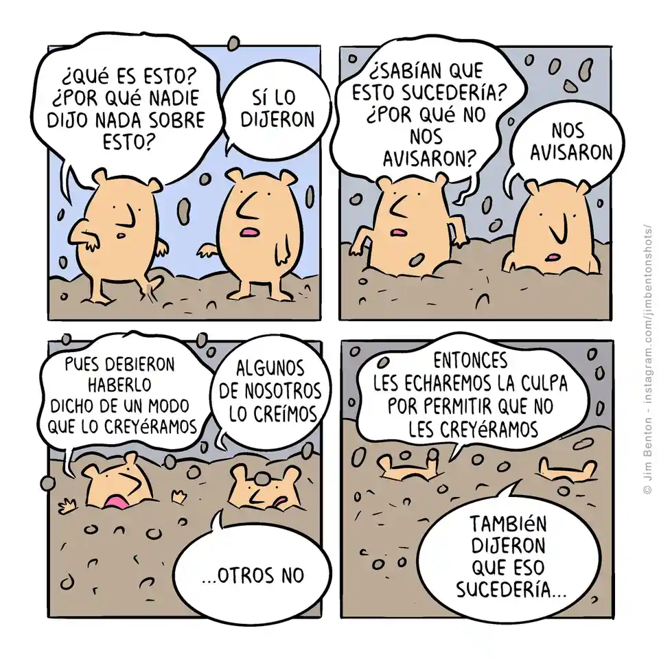 A four-panel comic strip featuring two cartoon hamsters reacting to a disaster. In the first panel, they ask why no one…